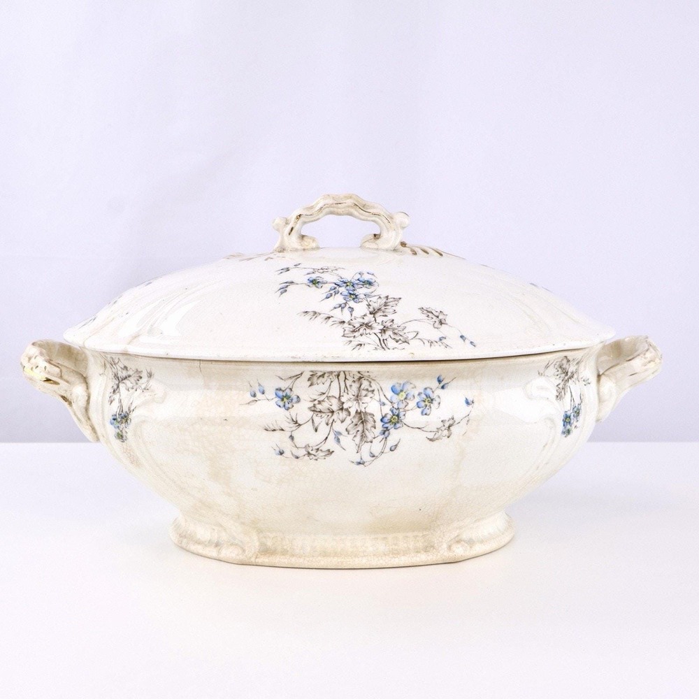 Antique White Ironstone Soup Tureen with Lid - Blue Floral, Hand Signed Base